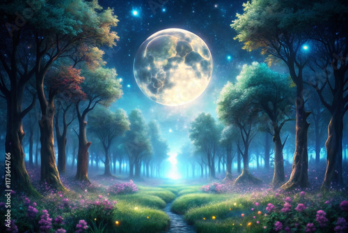 Enchanting moonlit forest path with glowing flowers and fireflies.