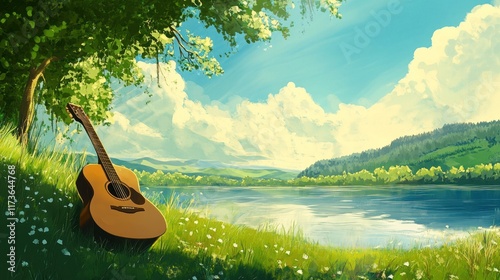 Serene acoustic guitar resting beside a tranquil lake under a lush green canopy.  Tranquil, nature, landscape, summer, meadow, music, guitar, scenic, calm, peaceful, outdoor, relaxing, idyllic,  sunli photo