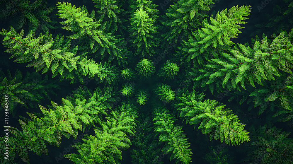 Aerial view of lush green pine trees forming a radial pattern. Aerial view of lush green pine trees forming a radial pattern.