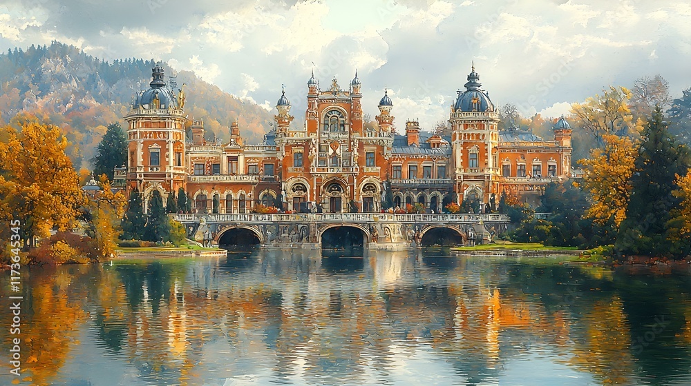 Naklejka premium Majestic Historic Castle Surrounded by Autumn Foliage and Reflection