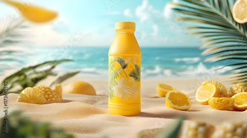 Wallpaper Mural Yellow tropical juice bottle on sandy beach with citrus fruits and palm leaves. Torontodigital.ca