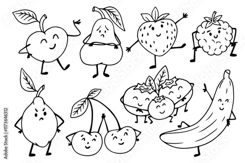 Set of doodle funny fruit and berry characters.Vector graphics.