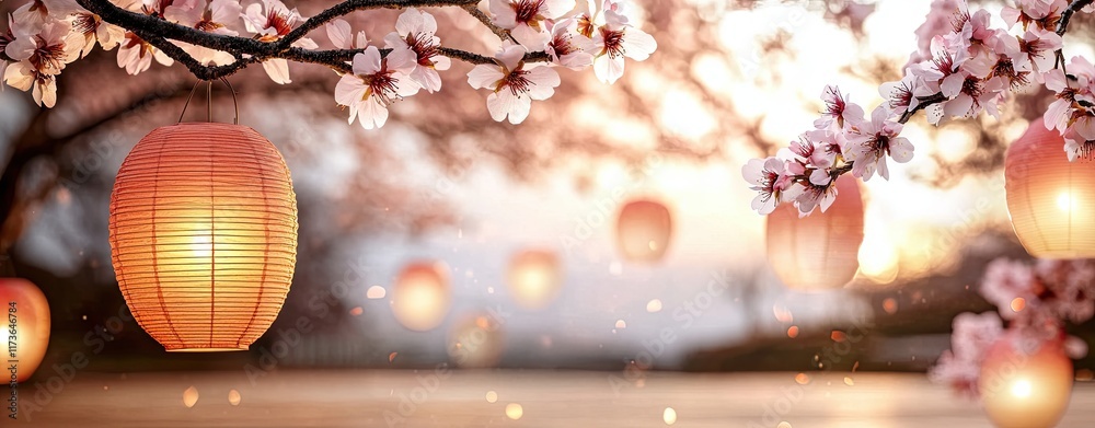 Obraz premium Scenic Parks Filled with Blooming Cherry Blossoms and Festival Decorations, a double exposure blending cherry blossom branches with floating paper lanterns and soft glowing bokeh, evoking the joy.