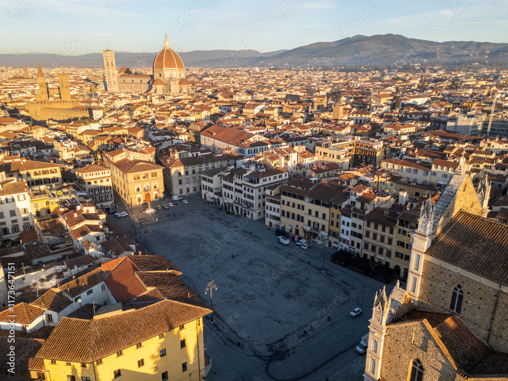 Obraz premium Aerial drone view of the Basilica di Santa Croce di Firenze in Florence, Italy.