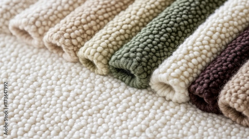 Boucle Fabric samples in various neutral colors close up arranged, texture detail, interior design palette background
