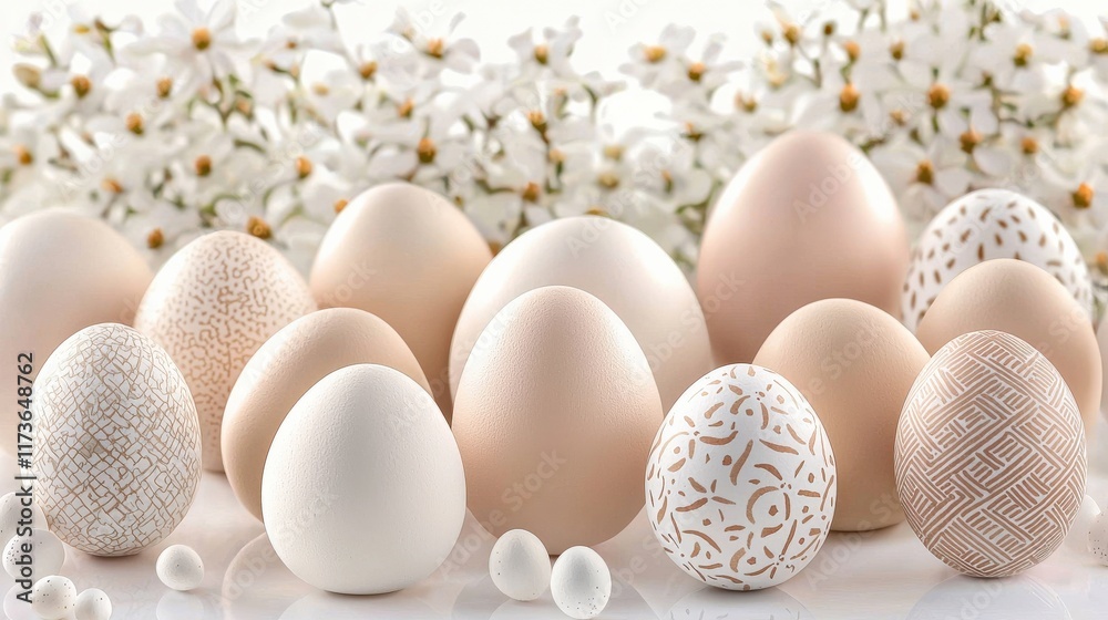 Delicate eggs, floral backdrop, pastel Easter theme Delicate eggs, floral backdrop, pastel Easter theme
