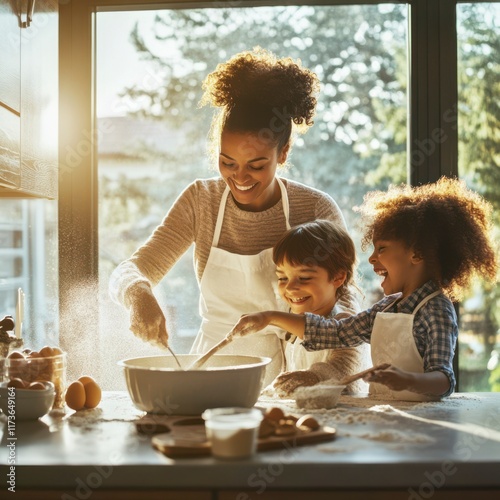 Family cooking together in a bright kitchen while having fun and making memories