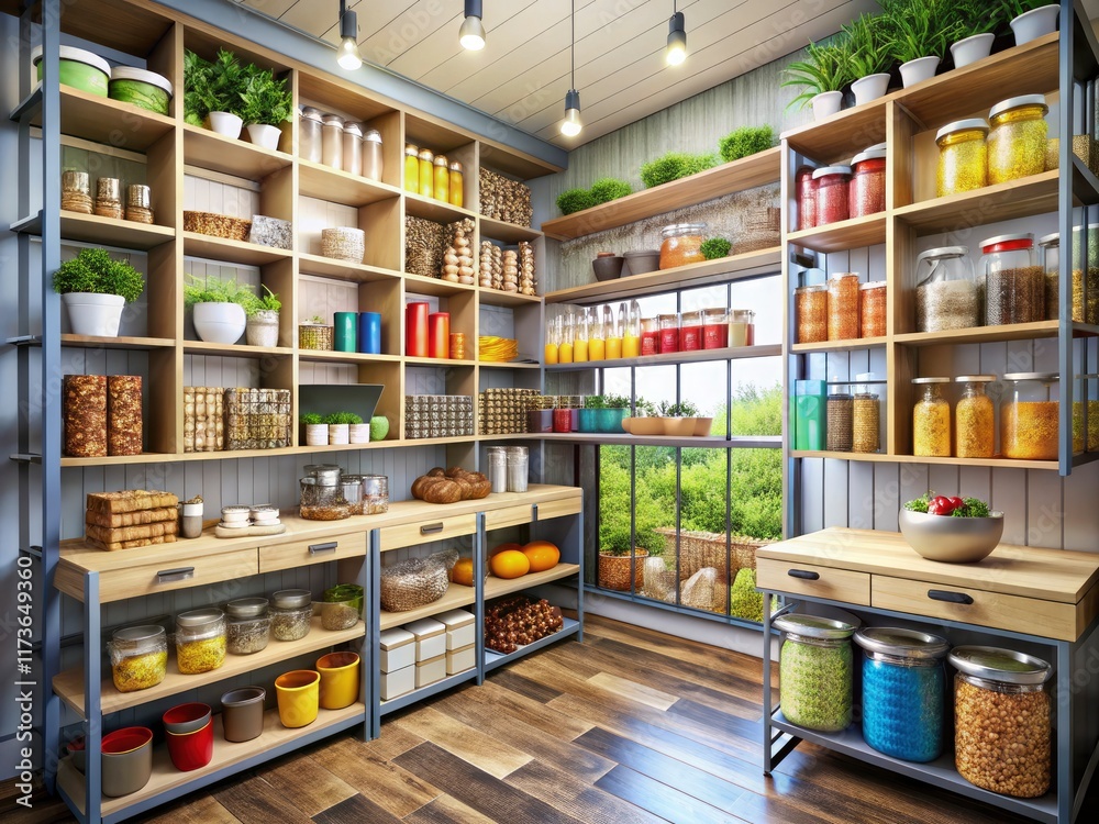 Fototapeta premium Modern warehouse kitchen's organized pantry and stylish storage showcase clean industrial design.