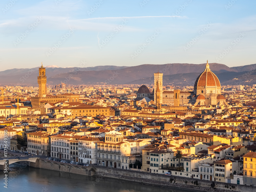 Obraz premium Aerial drone video of the skyline in the old city center of Florence in Tuscany, Italy.