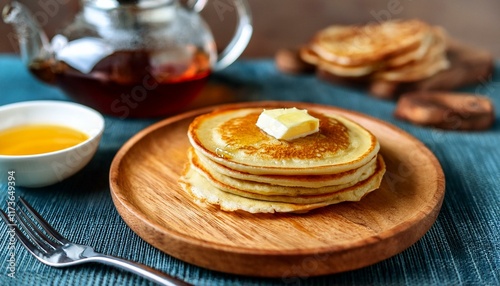 traditional norwegian sveler pancakes served with butter and syrup on a wooden plate traditional norwegian dish