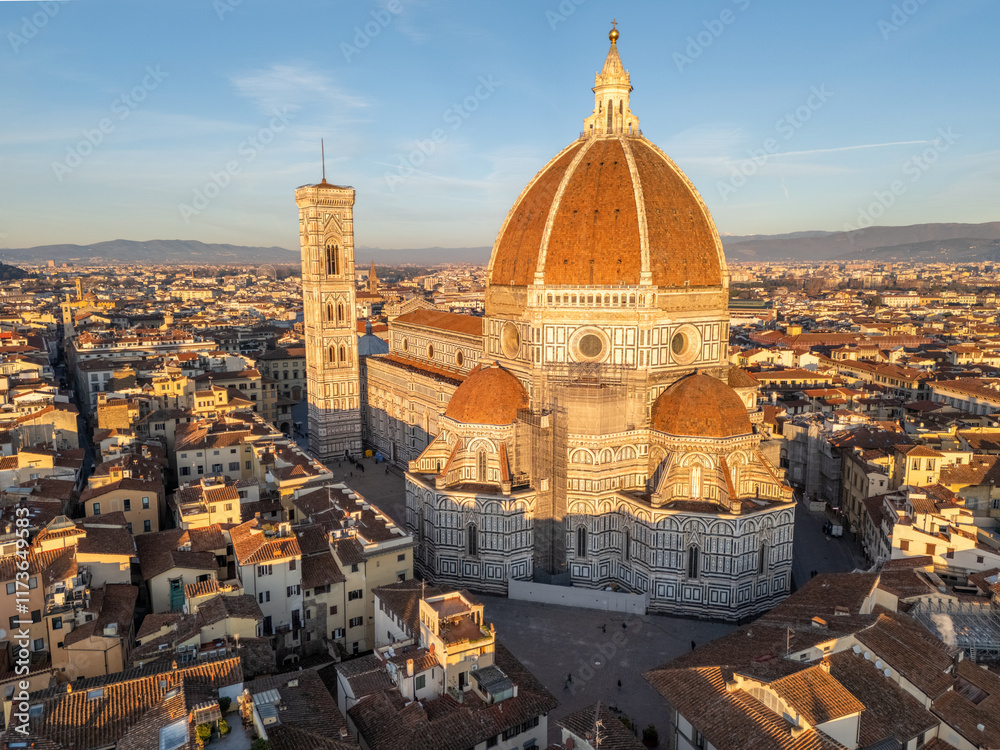 Obraz premium Aerial drone photo of the dome and cathedral of Florence in Tuscany, Italy.