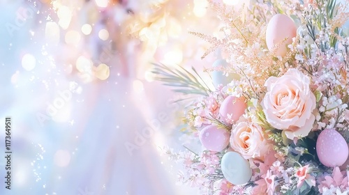 Pastel Easter eggs nestled in delicate pink roses and blossoms