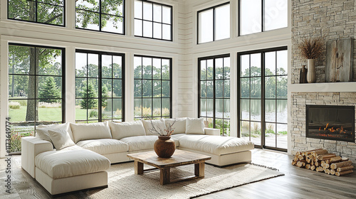 Lakeside living room interior with large windows, fireplace, sectional sofa