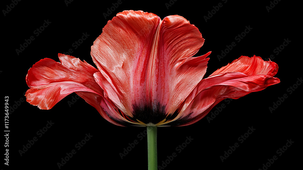 Single Red Parrot Tulip on Black Background Single Red Parrot Tulip on Black Background