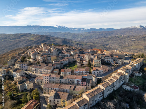 Aerial drone photo of the mountain town named Oratino in Campobasso, Italy.