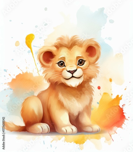 Cute lion cub sitting among colorful splashes of paint, full of charm and playfulness, ideal for children's artwork or educational materials photo