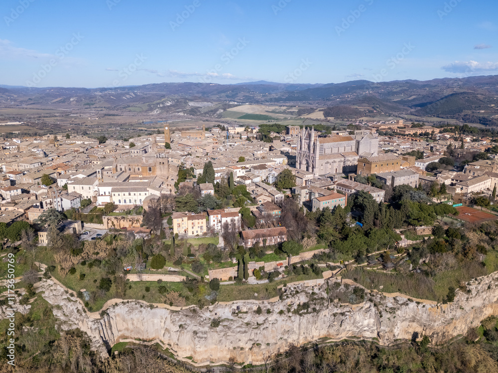 Aerial drone view of the historical town center in Orvieto, Italy.