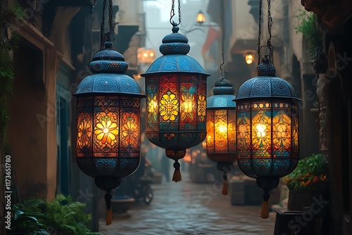 Illuminated lanterns hanging in a mystical alleyway. photo