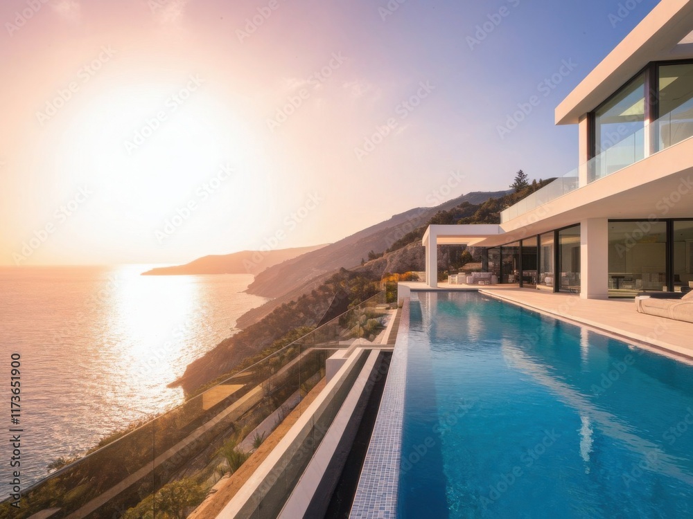 A Swimming pool with a sea and sunset view in the background. A Swimming pool with a sea and sunset view in the background.