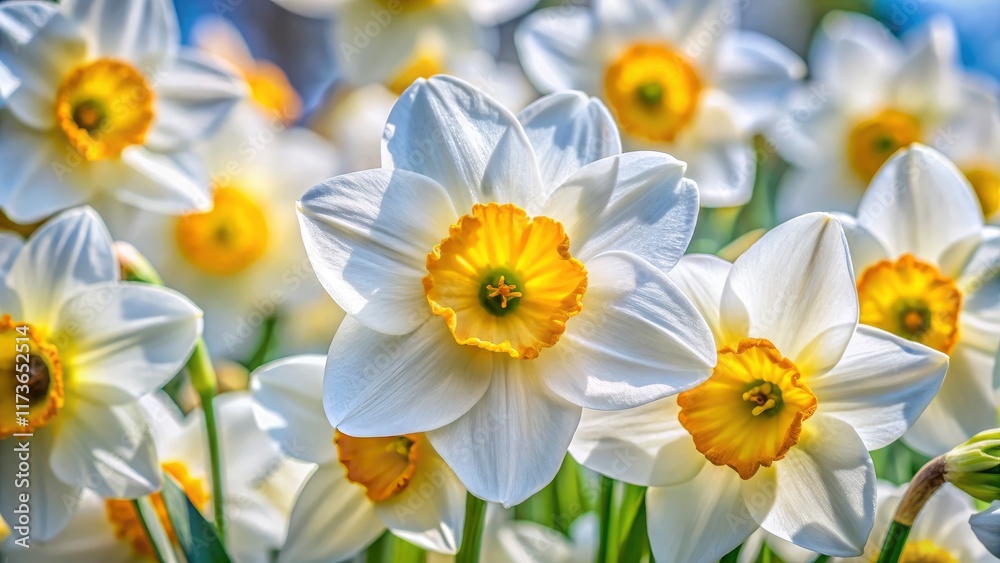 Fototapeta premium Rule of thirds composition highlights the intricate details of macro photographed white and yellow narcissus.