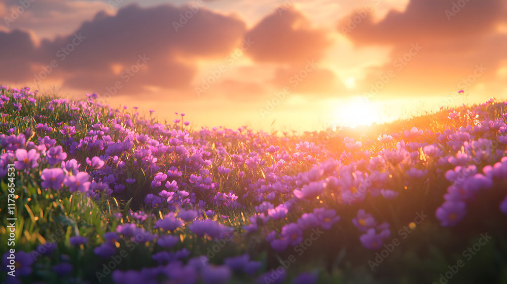Obraz premium Beautiful field of purple flowers with dramatic sky