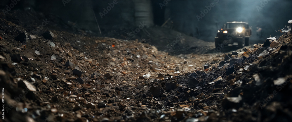 Obraz premium Off-road adventure in a dimly lit underground space with scattered debris and rugged terrain