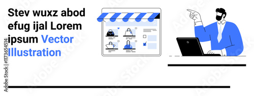 Manager presenting on laptop, pointing to online team collaboration platform with user icons. Ideal for remote work, online meetings, project management, team communication, digital marketing