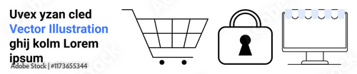 Shopping cart for e-commerce, padlock representing security, and monitor with calendar. Ideal for online shopping, e-commerce platforms, cybersecurity, web development, retail, payment security