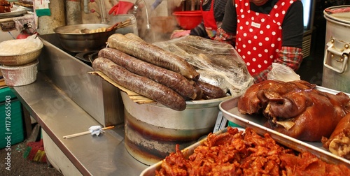 Pork sausages on a butcher's shelves in Gwangjang Market, Seoul, South Korea photo