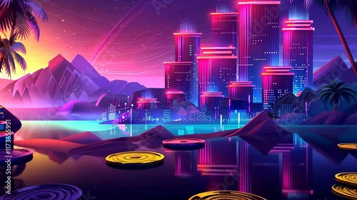 Neon city skyline with vibrant lights and palm trees at dusk near a calm body of water