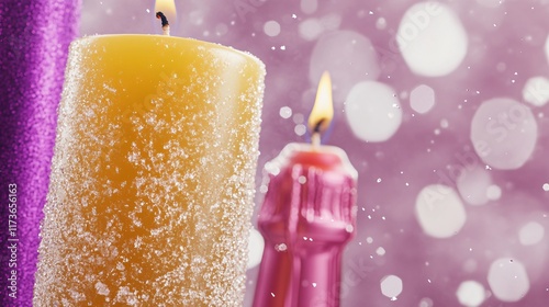 Sparkling Winter Candles: Festive Holiday Scene with Glittering Candles and Pink Background photo