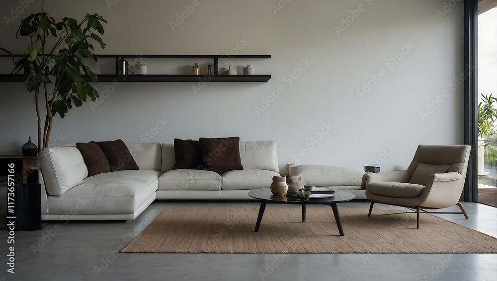 Fototapeta premium Modern Living Room Interior with Sectional Sofa and Large Windows