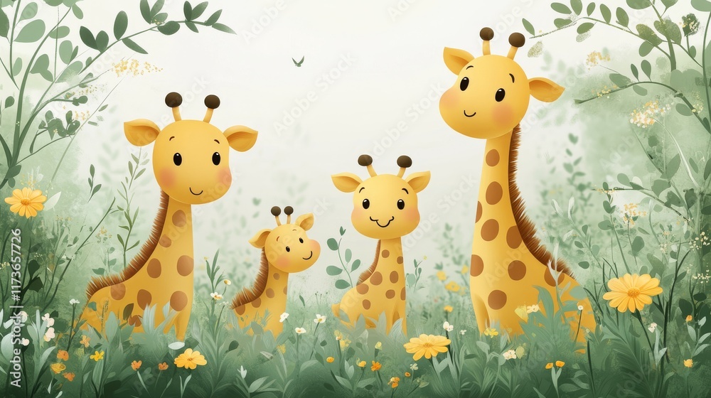 Naklejka premium cute family of giraffes stands on a green meadow on a white background