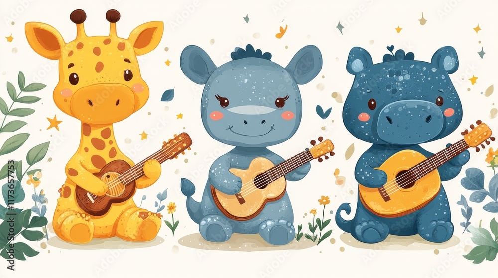 Naklejka premium Adorable animals playing musical instruments set