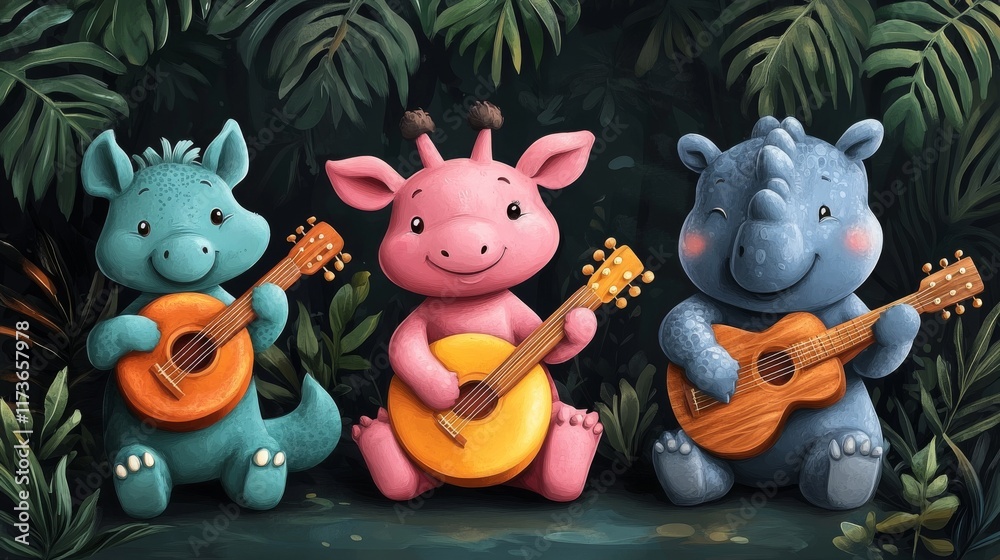 Fototapeta premium Adorable animals playing musical instruments set