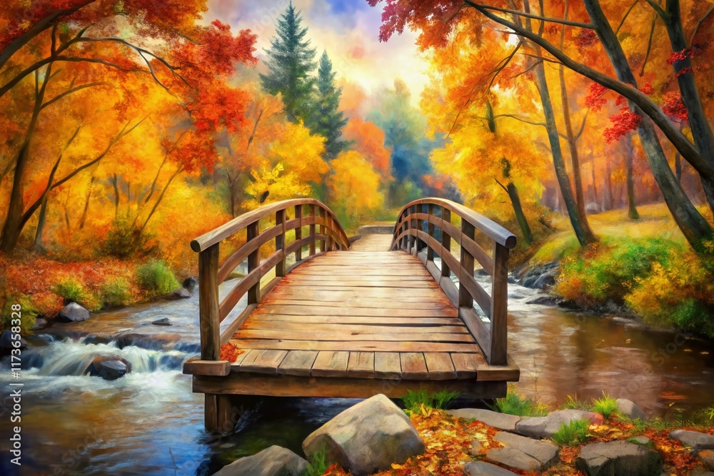 Obraz premium Watercolor Autumn Landscape: Rustic Bridge with Bokeh Effect - Stock Photo