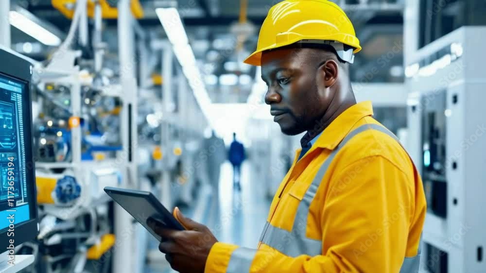 Black worker holding tablet in warehouse Black worker holding tablet in warehouse