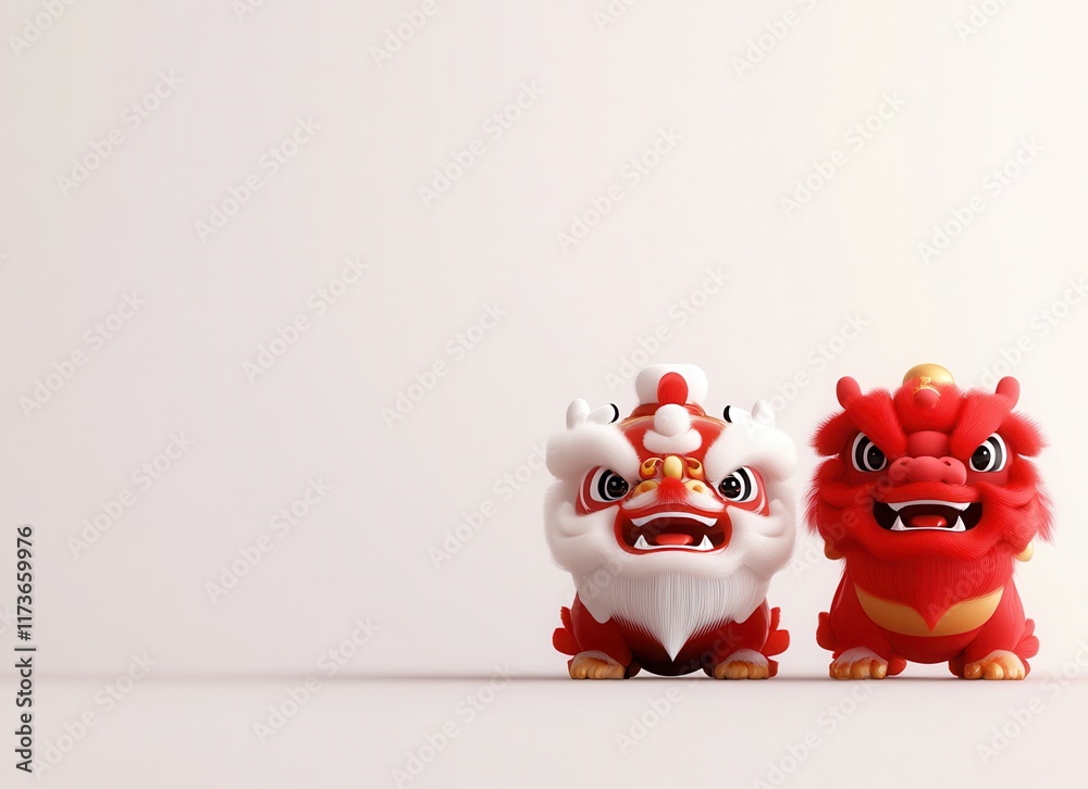 Two colorful lion dance figurines in red and white, showcasing traditional Chinese cultural elements against a neutral background. Two colorful lion dance figurines in red and white, showcasing traditional Chinese cultural elements against a neutral background.