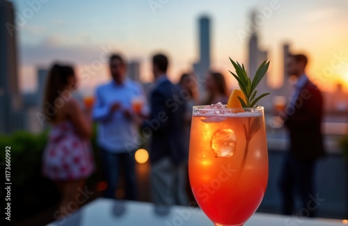 Rooftop cocktail party at golden hour. Professionals network, socialize. City skyline as background. Warm lighting, blurred bokeh. Stylish people enjoy drinks. Vibrant social event. Evening