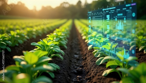 Young plants grow in rows on farm. Holographic interface shows data about plant health, growth. Tech monitors crops for optimal yields. Future of farming automated, smart. Modern agriculture precise, photo