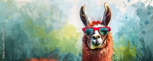 A playful llama wearing red sunglasses against a colorful, abstract background, evoking a fun and vibrant atmosphere.