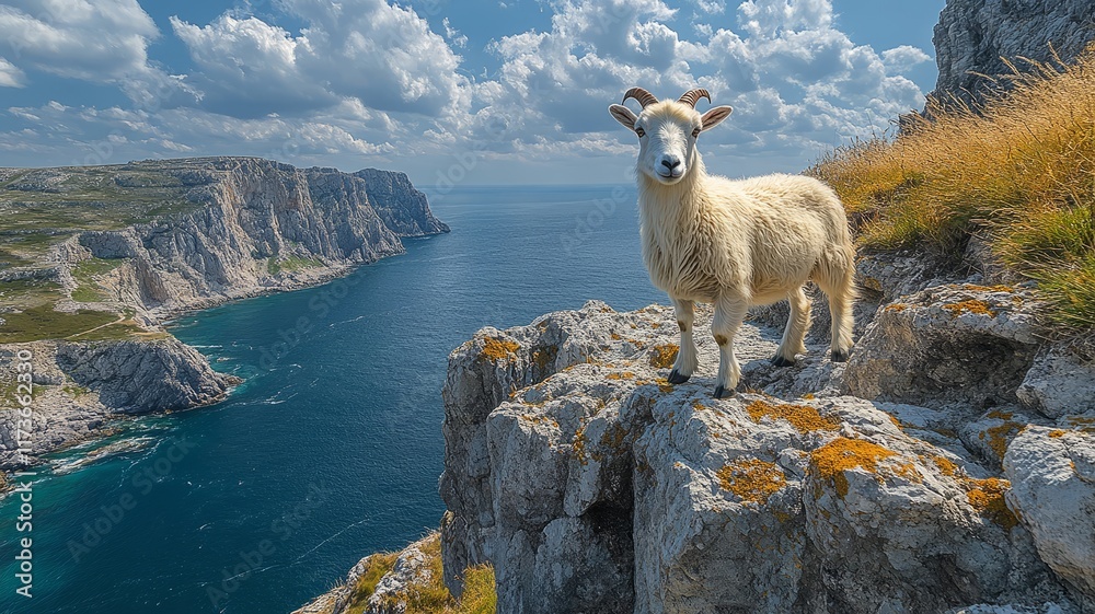 Fototapeta premium Solitary Sheep on Cliff Overlooking the Ocean