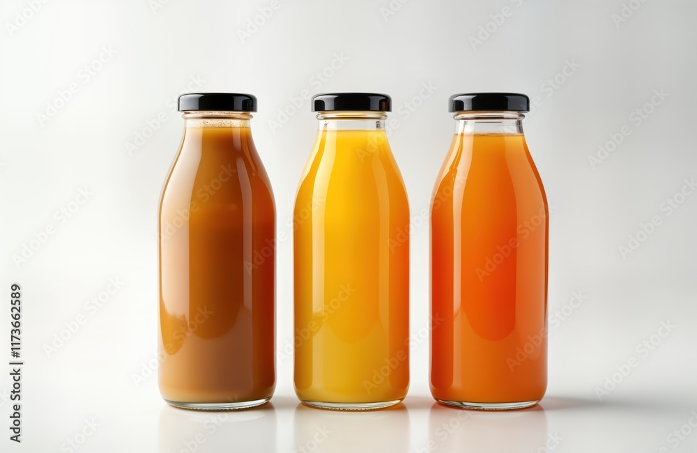 Three glass bottles with black lids display different juices. Colorful natural fruit vegetable juices inside. Bottles in row on plain white background. Represent healthy beverage concept. Still life Three glass bottles with black lids display different juices. Colorful natural fruit vegetable juices inside. Bottles in row on plain white background. Represent healthy beverage concept. Still life