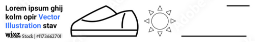 Artistic rendering of a boat, sun with rays, horizontal lines suggesting a horizon, and placeholder text. Ideal for travel, adventure, marine themes, sunny day ideas, minimalistic designs