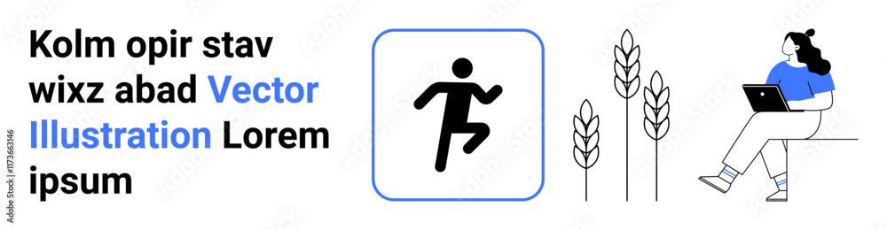 Running icon in a square, three wheat stalks, and a woman using a laptop. Ideal for nature, technology, farming, health, design, education, and productivity themes. Landing page Running icon in a square, three wheat stalks, and a woman using a laptop. Ideal for nature, technology, farming, health, design, education, and productivity themes. Landing page