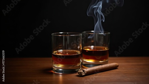 Two glasses of Bourbon or Scotch whiskey with a smoking cigar on a wooden table against a dark backdrop, men's club theme.