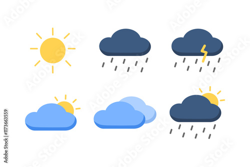 Weather icon set. Sun, raining cloud, thunder. Natural, climate, forecast concepts. Flat vector design isolated illustration.