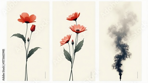 collection of three vertical posters, minimalist botanical flower and smokey art