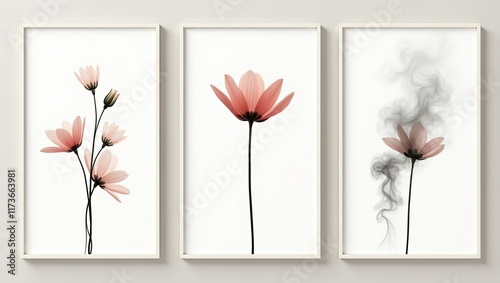 collection of three vertical posters, minimalist botanical flower and smokey art