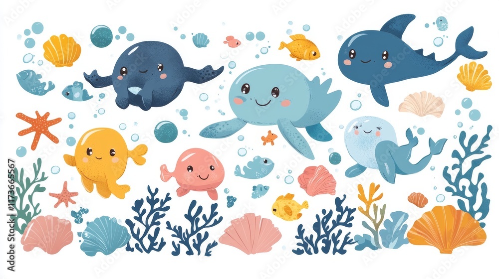Big set with cute sea animals, shells, corals, seaweed. Kawaii sea life character elements. Cartoon illustration Big set with cute sea animals, shells, corals, seaweed. Kawaii sea life character elements. Cartoon illustration